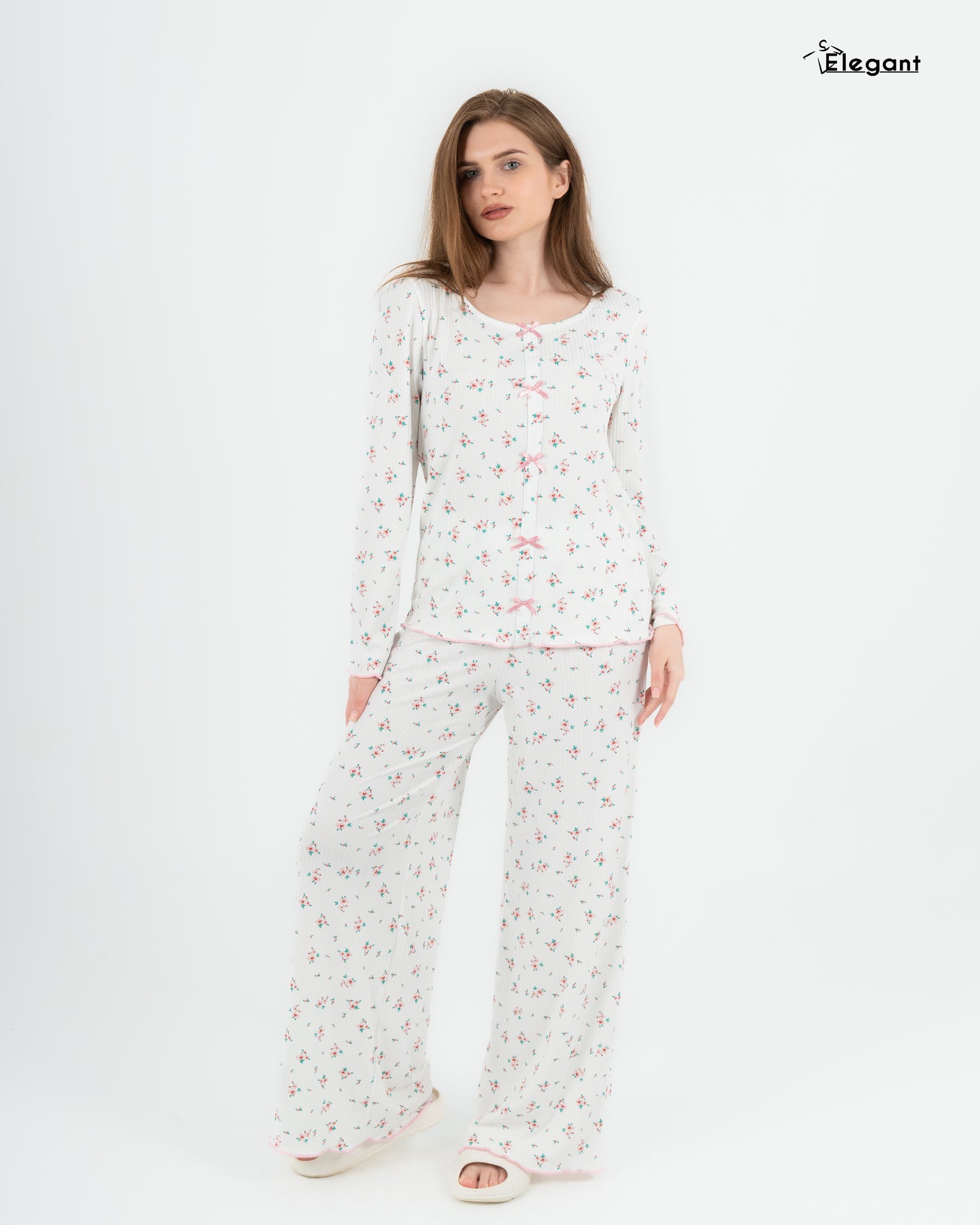 Ribbed Knot Front PJ LS Offwhite - pink Floral