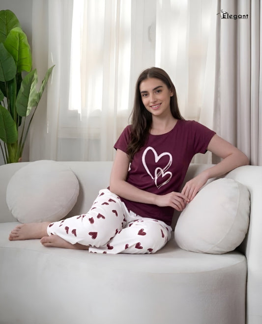 PJs Pants Cotton - Burgundy Minimal Heart