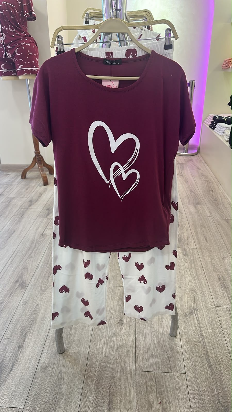 PJs Pants Cotton - Burgundy Minimal Heart