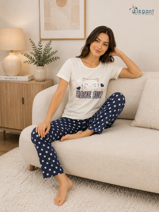 PJs Pants Cotton - Offwhite Navy dots - Have fun