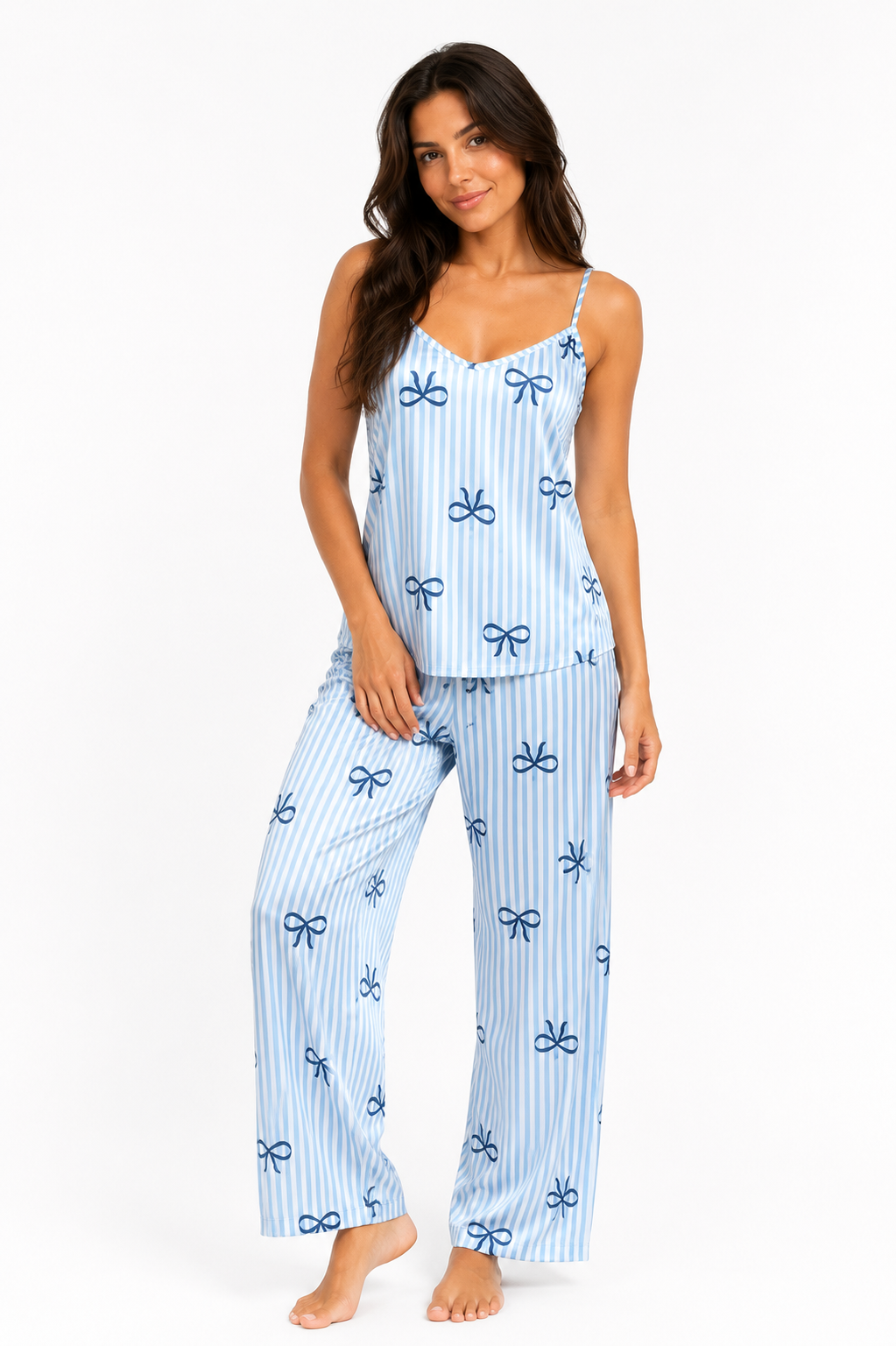 Satin Straps PJ Pants - Blue Bow stripes