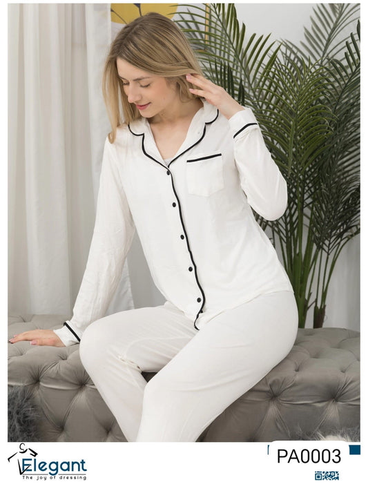Soft Cotton Long sleeves Classic PJ Pants - White