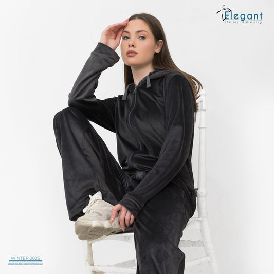 Velvet Zipper Wide Leg with Hood - Dark Grey