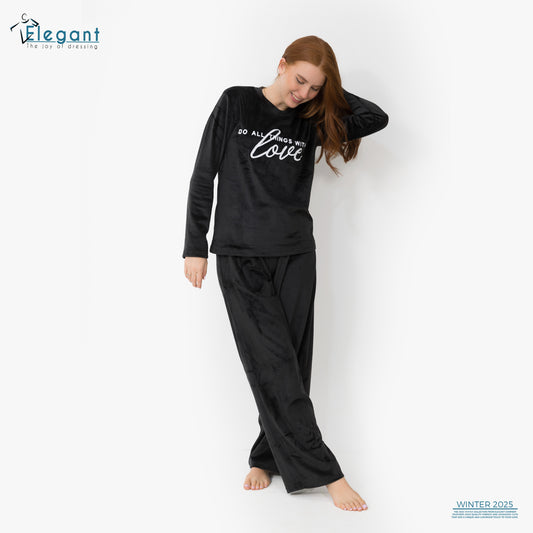 WIDE LEG Velvet Embroidery Pyjama - Black - Do all things with Love