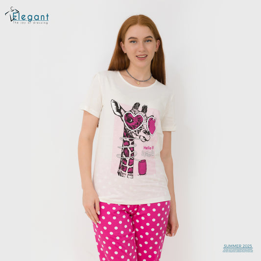 PJs Pants Cotton - Offwhite Fushia - Cool Giraffe
