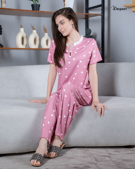 Ribbed V Neck PJ - lovely hearts Cashmere