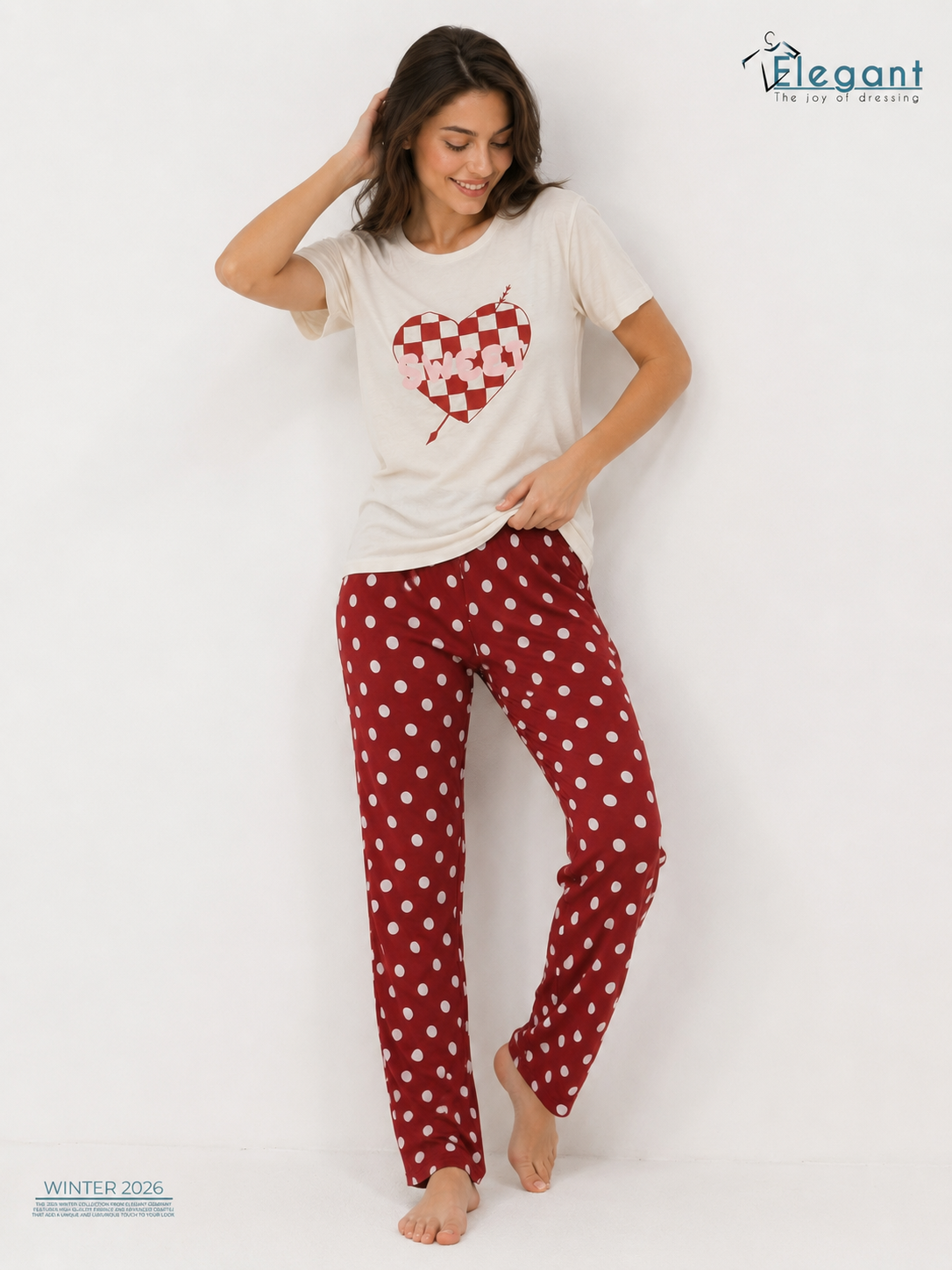 PJs Pants Cotton - Offwhite Burgundy dots- Sweet Cupid