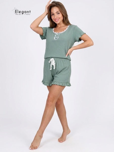 Ribbed PJ Shorts with Macrame - Mint