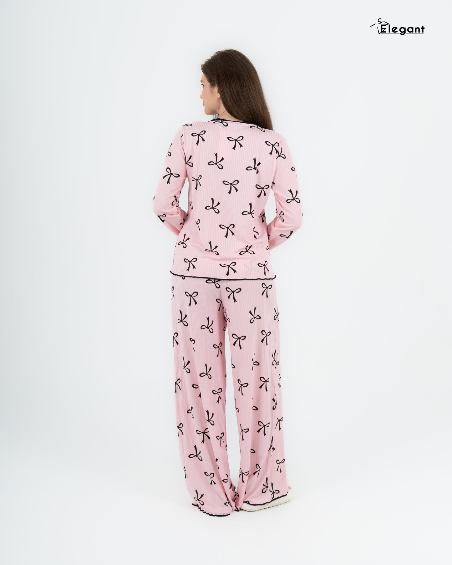 Ribbed V Neck PJ LS Pink - Charming Bow