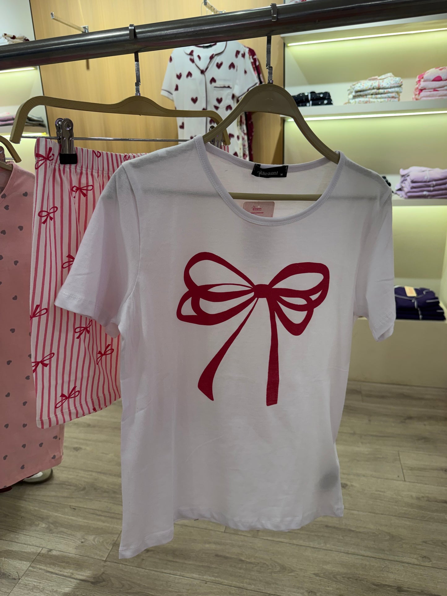 PJ Shorts Cotton - White Pink - Ribbon Bow