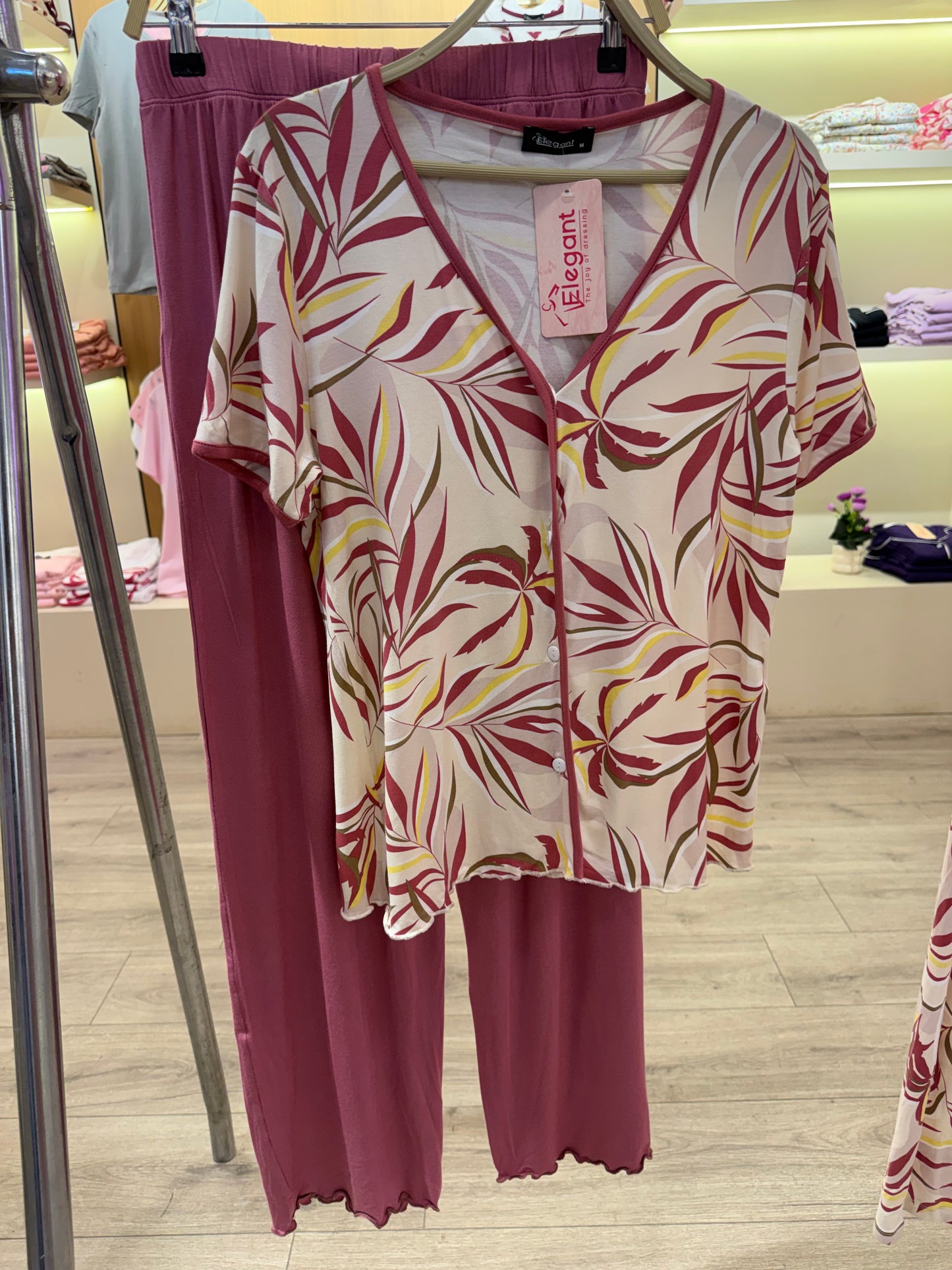 PJ Pants Button Up Viscose Wide Leg - Pink Dancing Palms