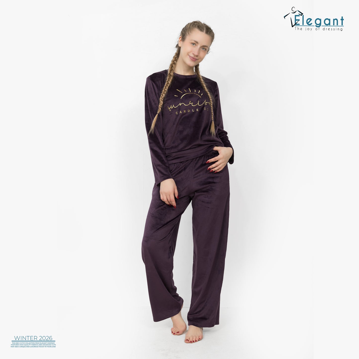 WIDE LEG Velvet Embroidery Pyjama - Purple-Sunrise