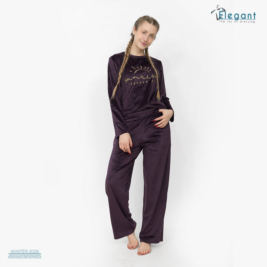 WIDE LEG Velvet Embroidery Pyjama - Purple-Sunrise