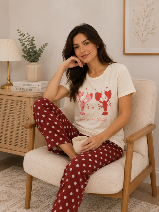 PJs Pants Cotton - Offwhite burgundy - you are my lobster