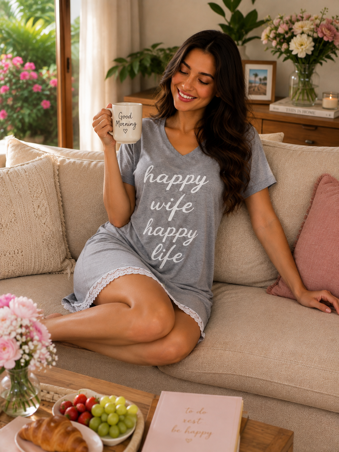 Nightshirt Cotton - Grey Melange - Happy Wife Happy Life