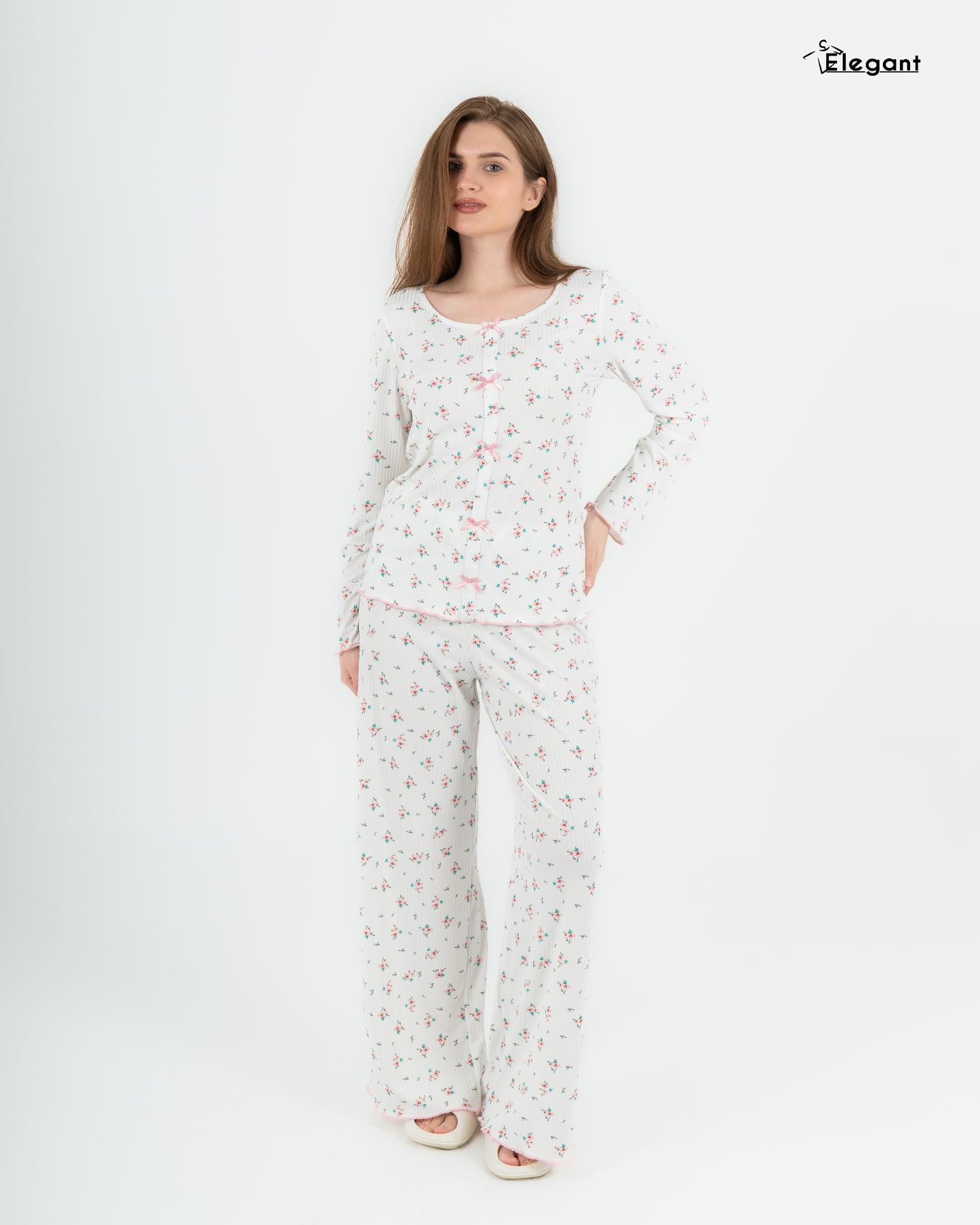 Ribbed Knot Front PJ LS Offwhite - pink Floral