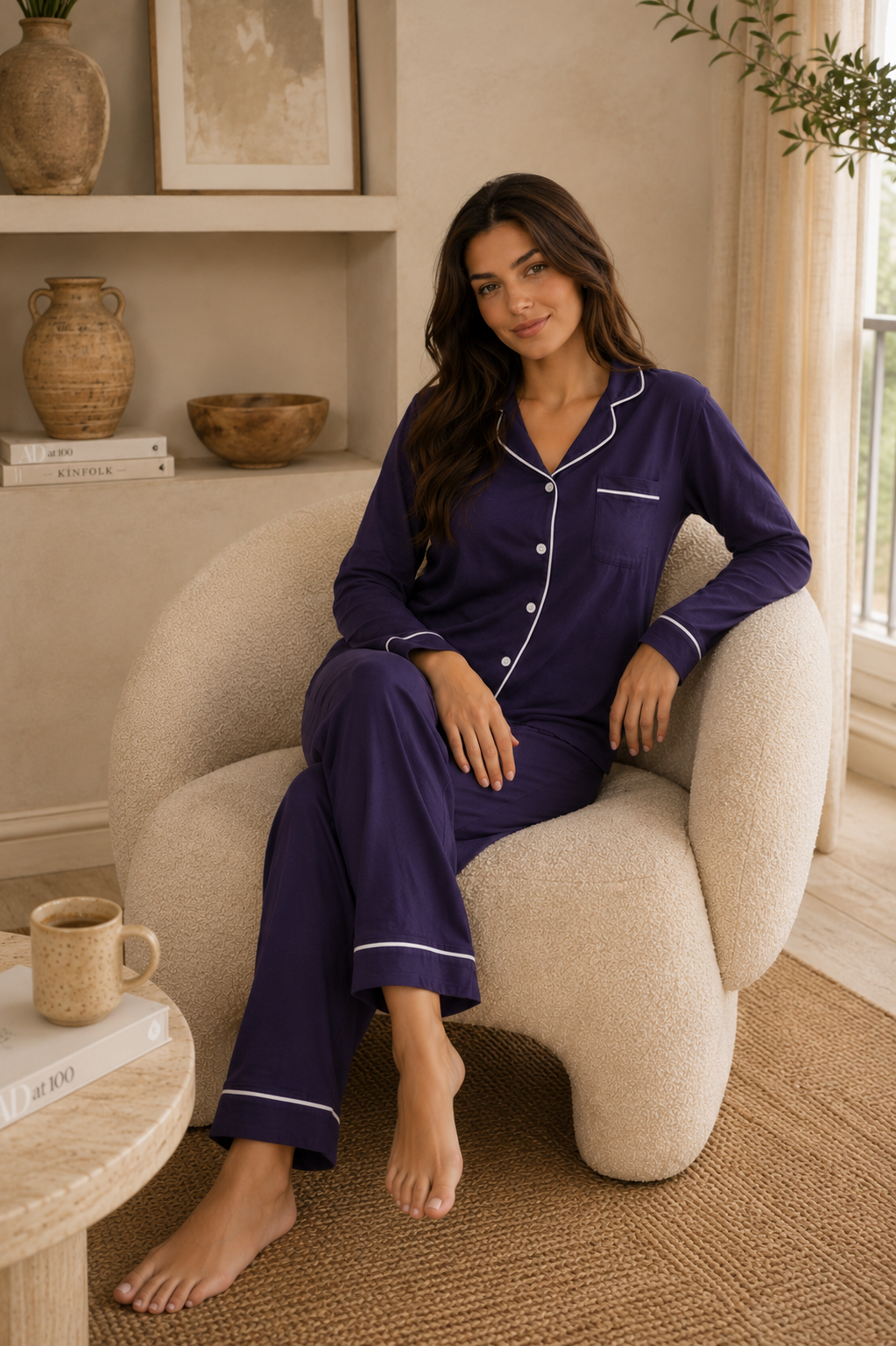 Cotton Long sleeves Wide Leg Classic PJ  - Purple