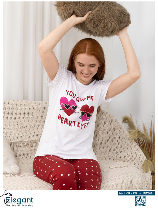 PJs Pants Cotton - White burgundy - Heart Eyes