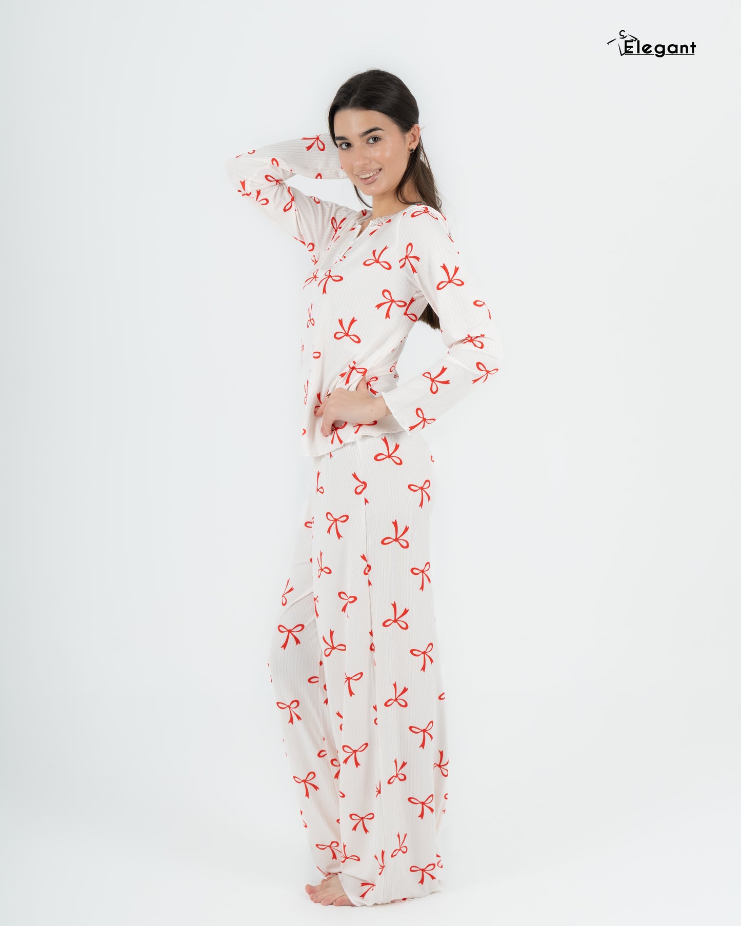 Ribbed V Neck PJ LS Offwhite - Charming Bow
