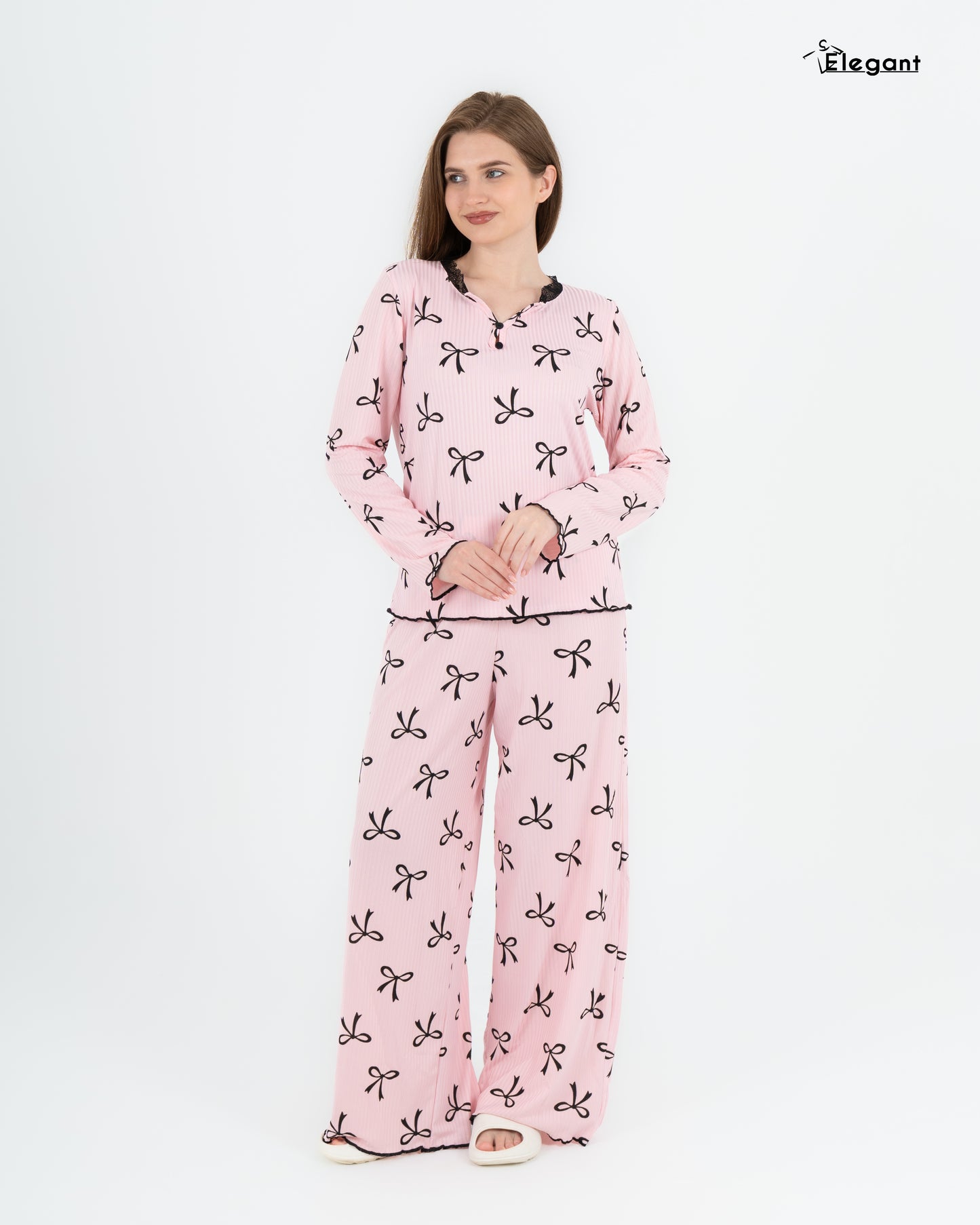 Ribbed V Neck PJ LS Pink - Charming Bow