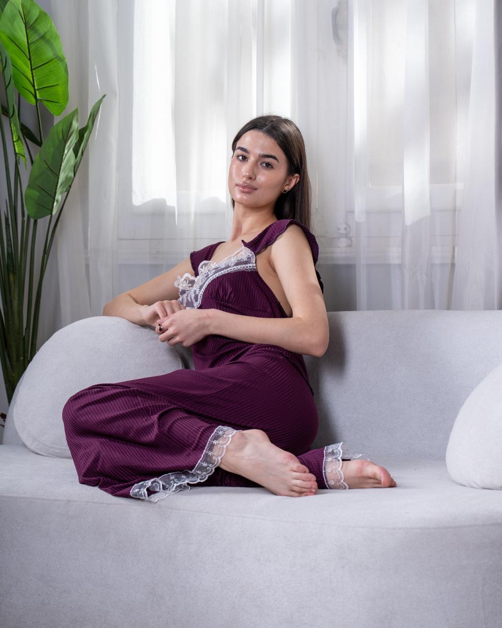 Ribbed PJ Pants with Straps & White Lace - Burgundy