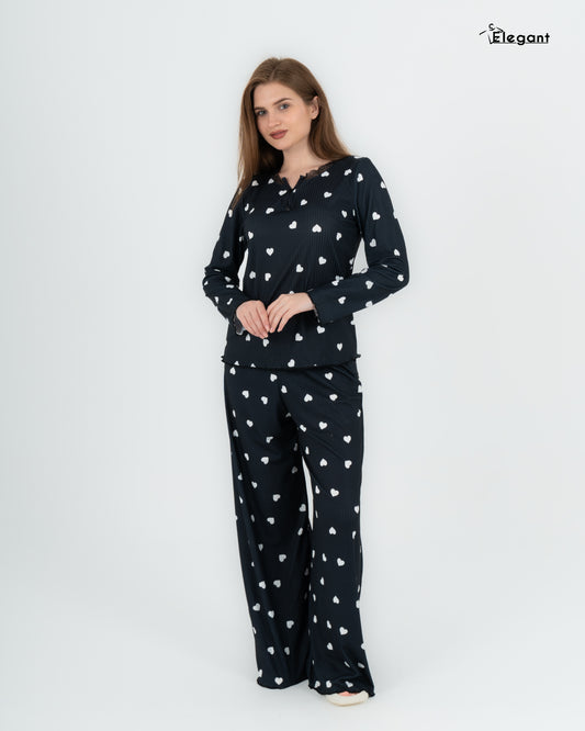 Ribbed V Neck PJ - lovely hearts Black