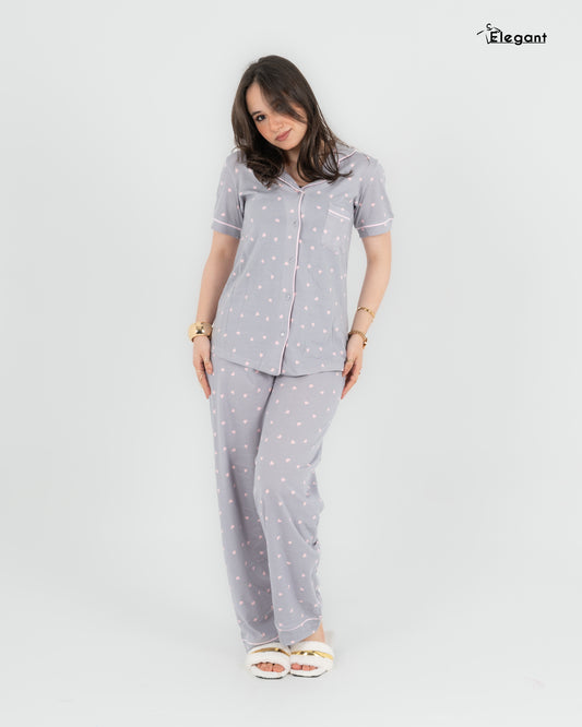 Classic PJ Pants Cotton Wide Leg Printed - Grey Heartbeat