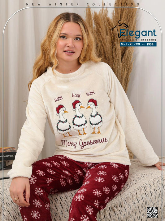 Polar PJ Offwhite/ Printed Maroon - Christmas goose