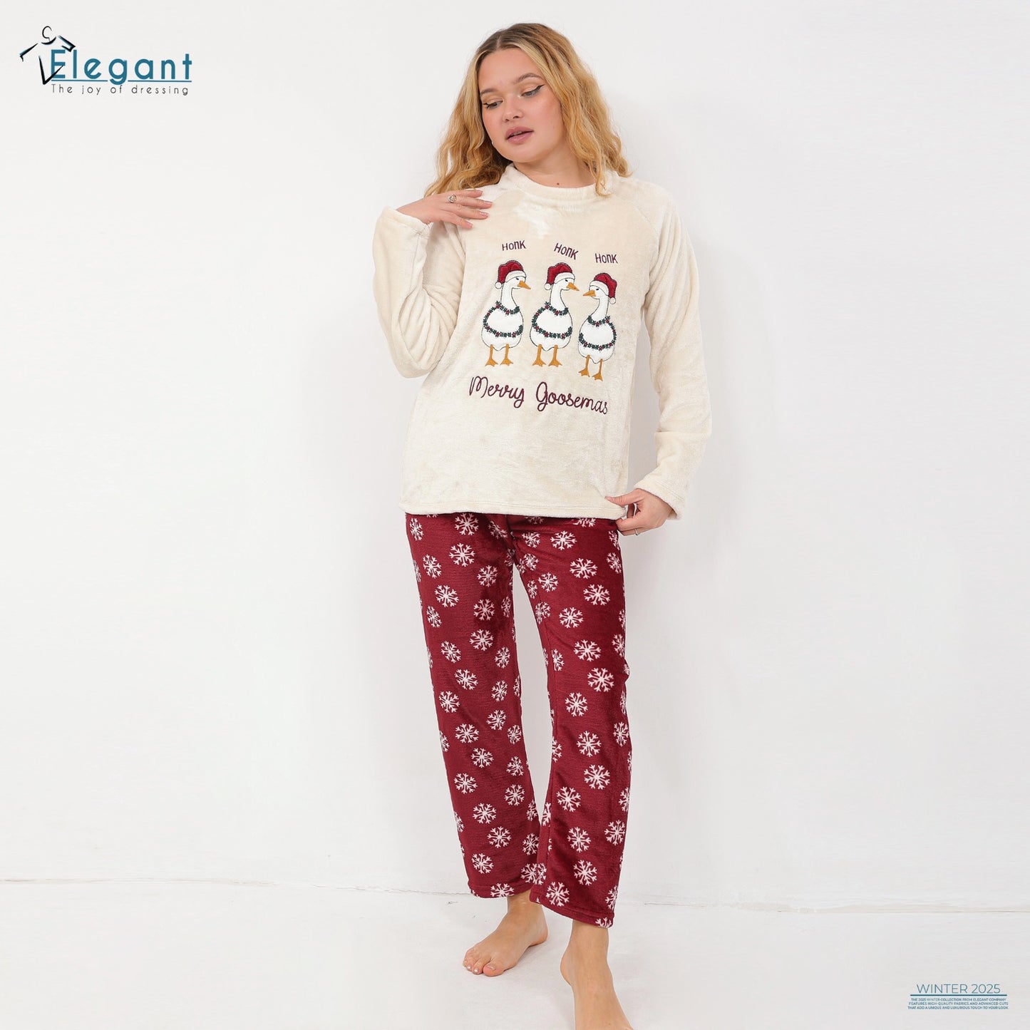 Polar PJ Offwhite/ Printed Maroon - Christmas goose