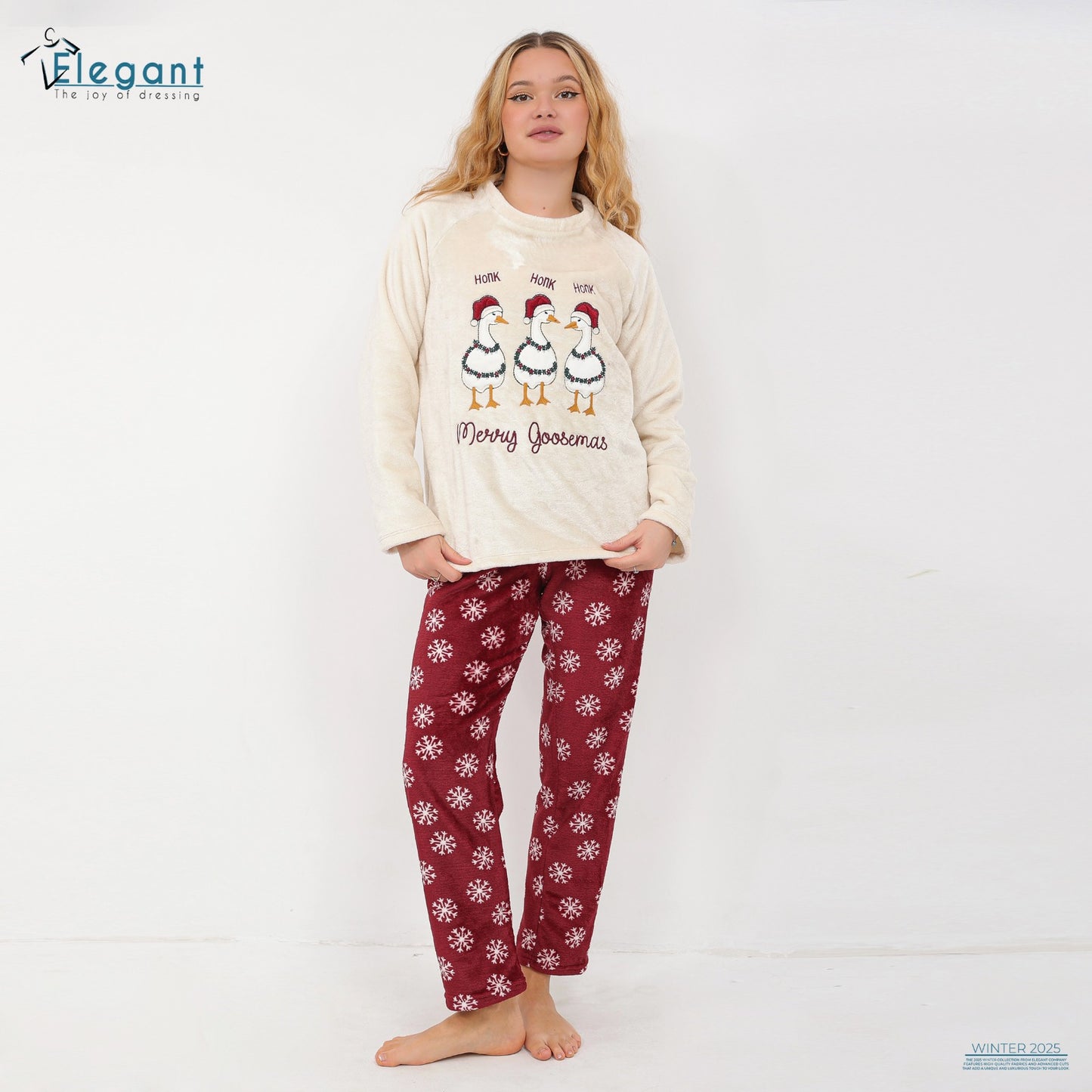 Polar PJ Offwhite/ Printed Maroon - Christmas goose