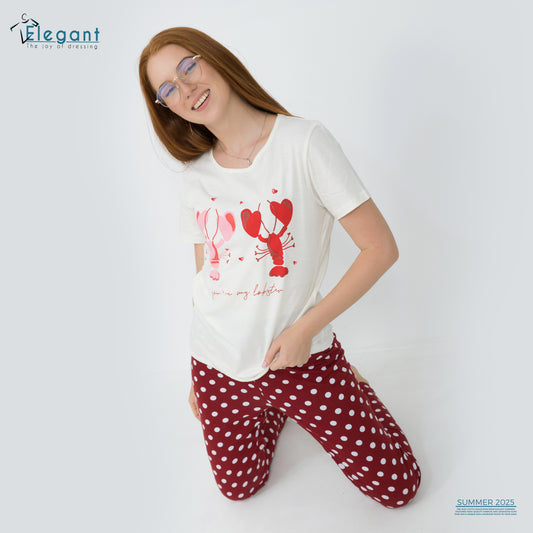 PJs Pants Cotton - Offwhite burgundy - you are my lobster