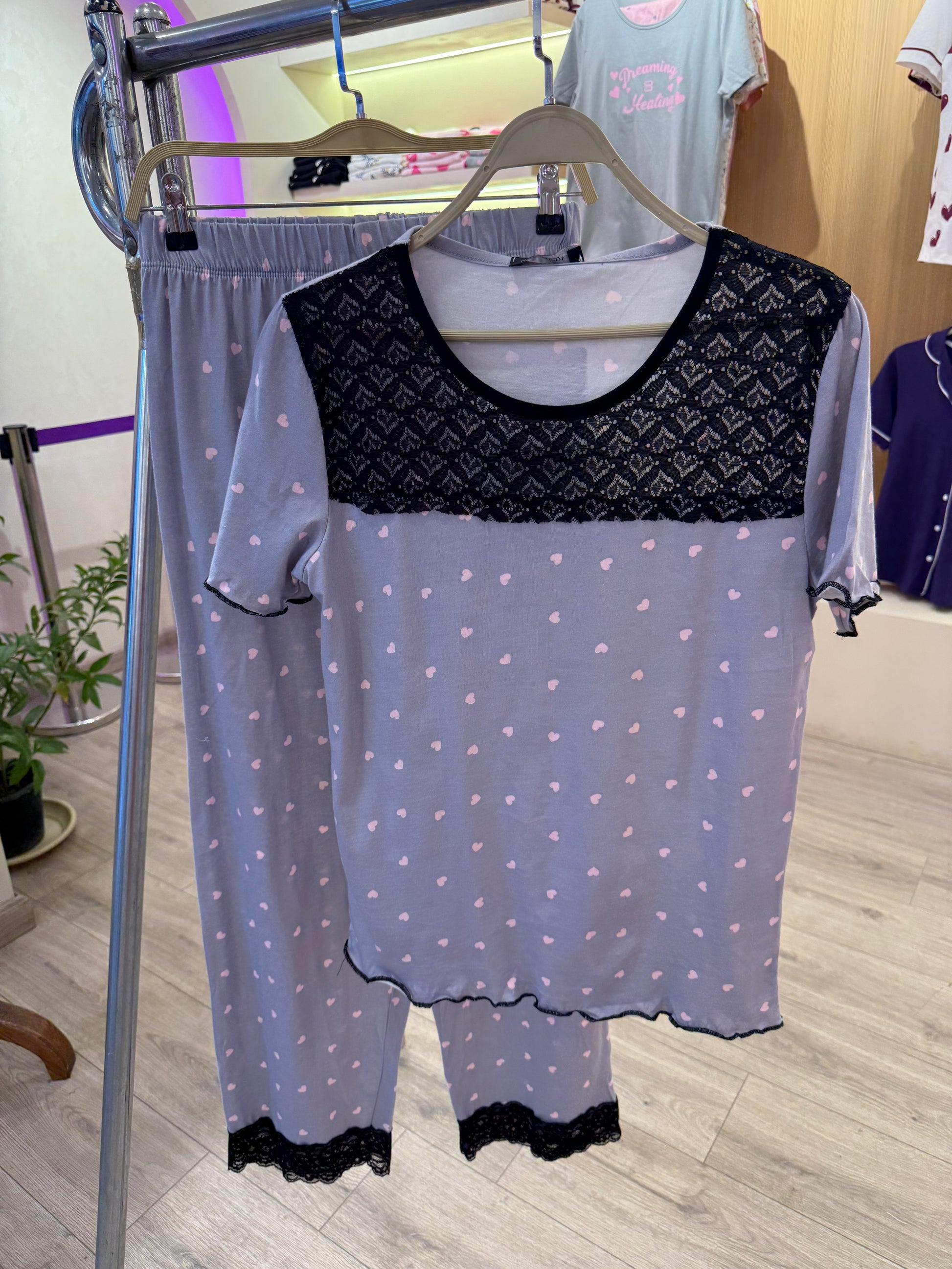 PJs Pants Cotton - Grey Heartbeat with Lace