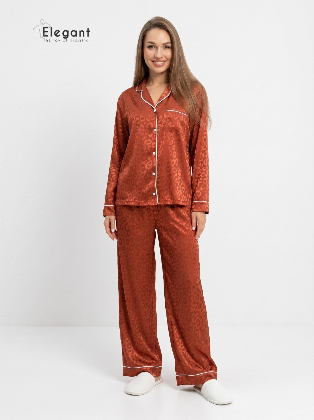 Satin Long sleeves Classic PJ Pants - Jacquard Burnt Orange