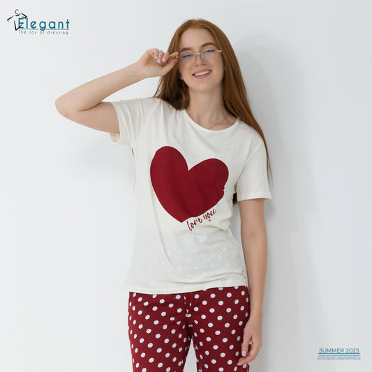 PJs Pants Cotton - Offwhite Burgundy - i love you