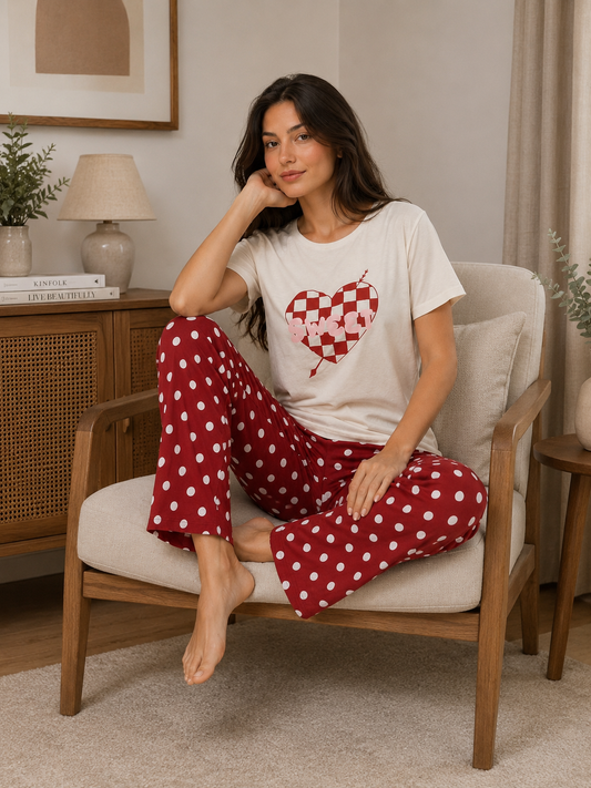 PJs Pants Cotton - Offwhite Burgundy dots- Sweet Cupid