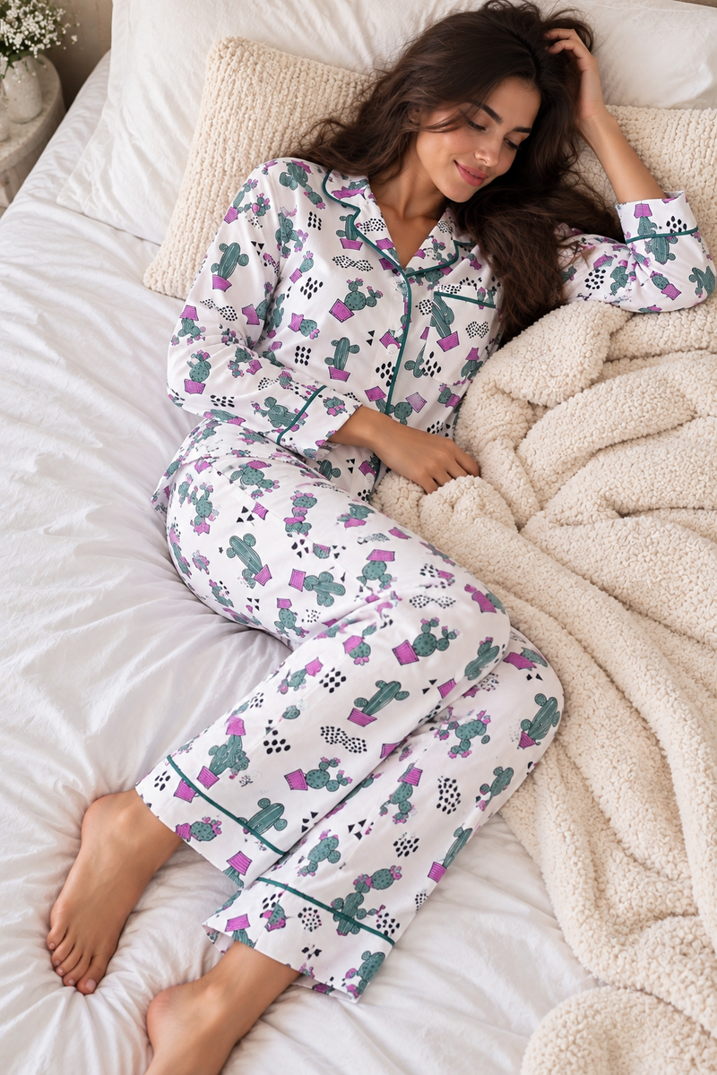 Cotton Long sleeves Wide Leg Classic PJ  - Spiky Happy Cactus