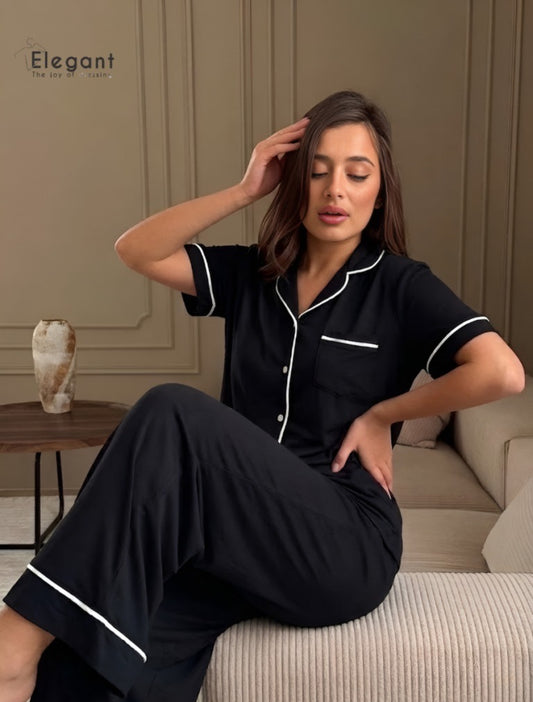 Classic PJ Pants Cotton Wide Leg - Plain Black