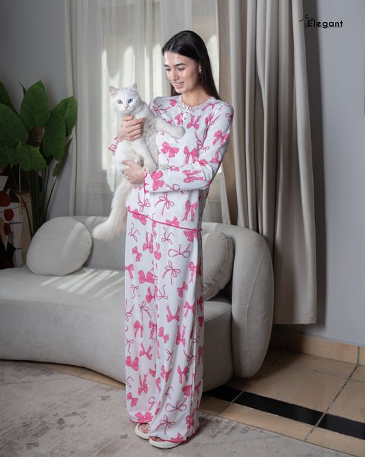 Ribbed V Neck PJ Offwhite - Bow
