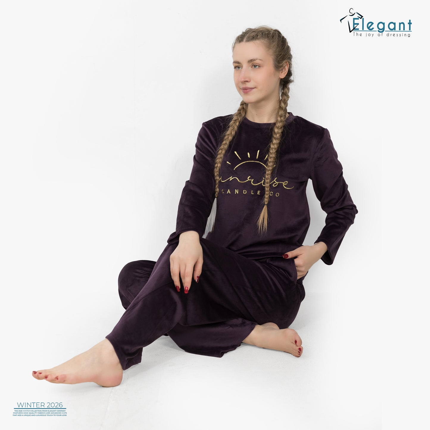 WIDE LEG Velvet Embroidery Pyjama - Purple-Sunrise