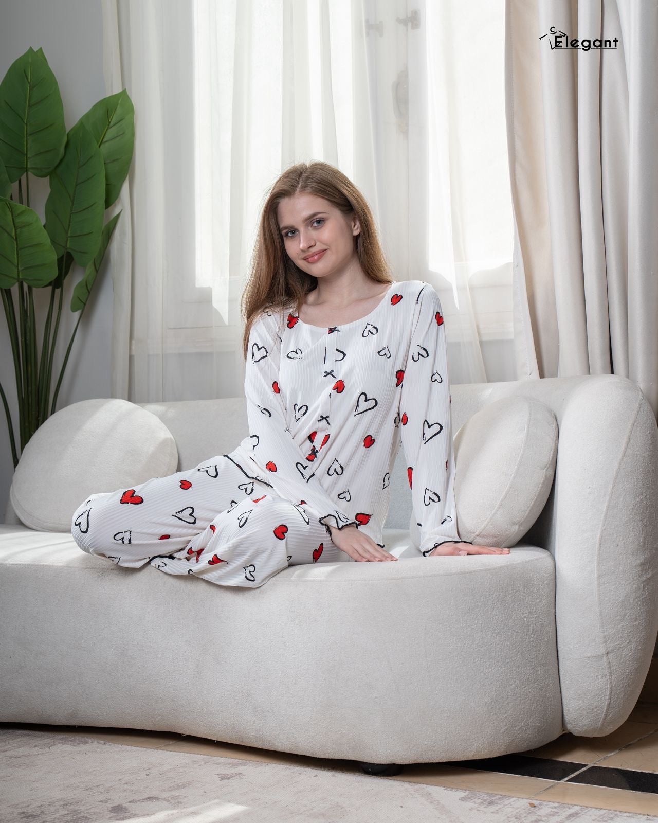 Ribbed Knot Front PJ Offwhite - Soft Hearts in Red