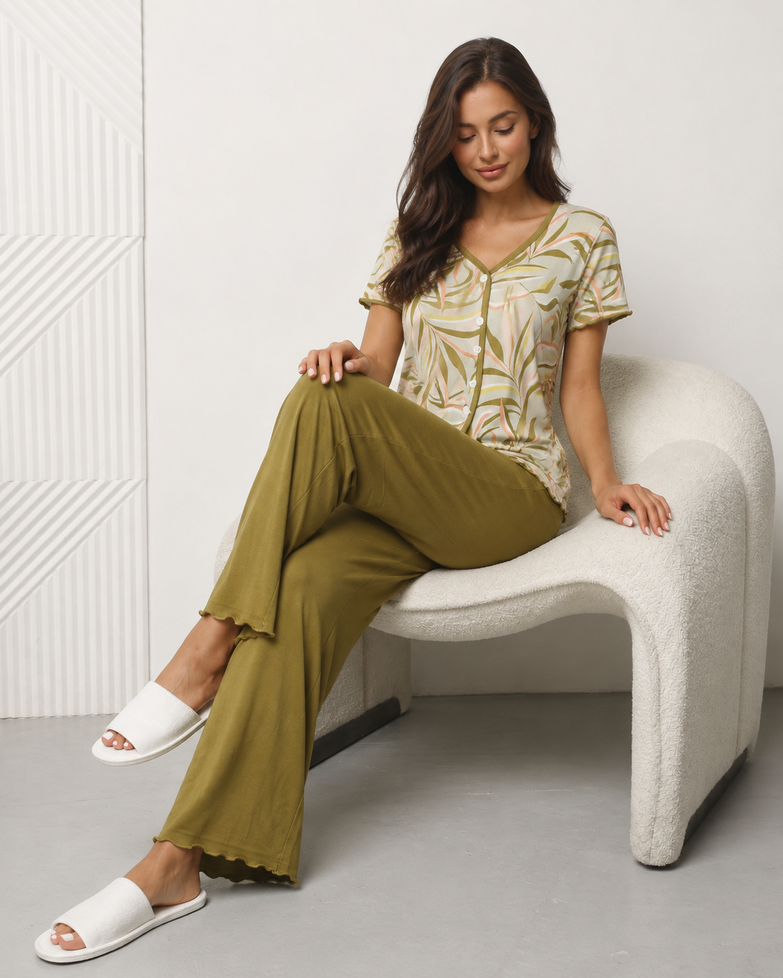 PJ Pants Button Up Viscose Wide Leg -Olive Dancing Palms