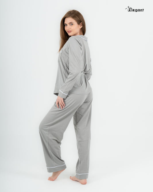 Cotton Long sleeves Wide Leg Classic PJ  - Grey