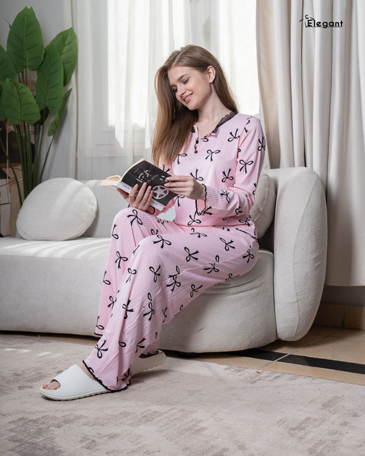 Ribbed V Neck PJ LS Pink - Charming Bow