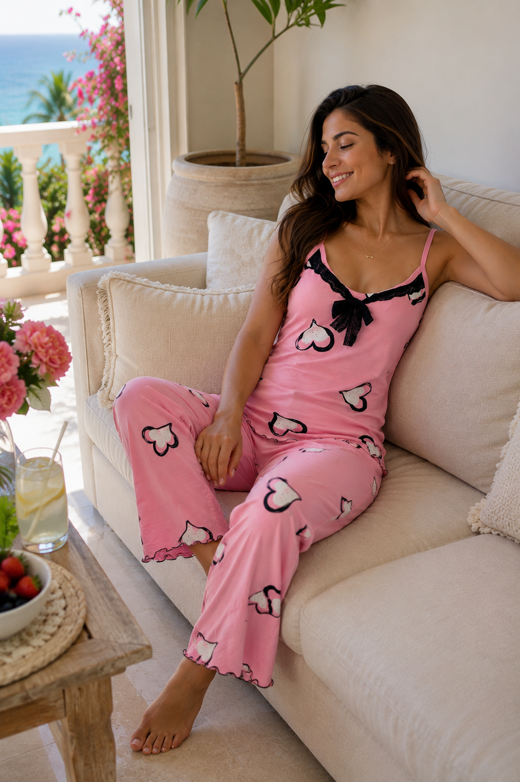 PJ Pants Cotton with straps - Pink with lace Tie