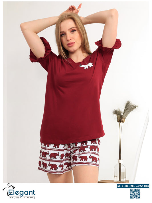 PJ short Cotton Burgundy with Ruffles - Elephant