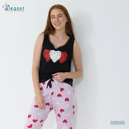 PJ Pants Cotton Sleeveless - Black - Rose Hearts