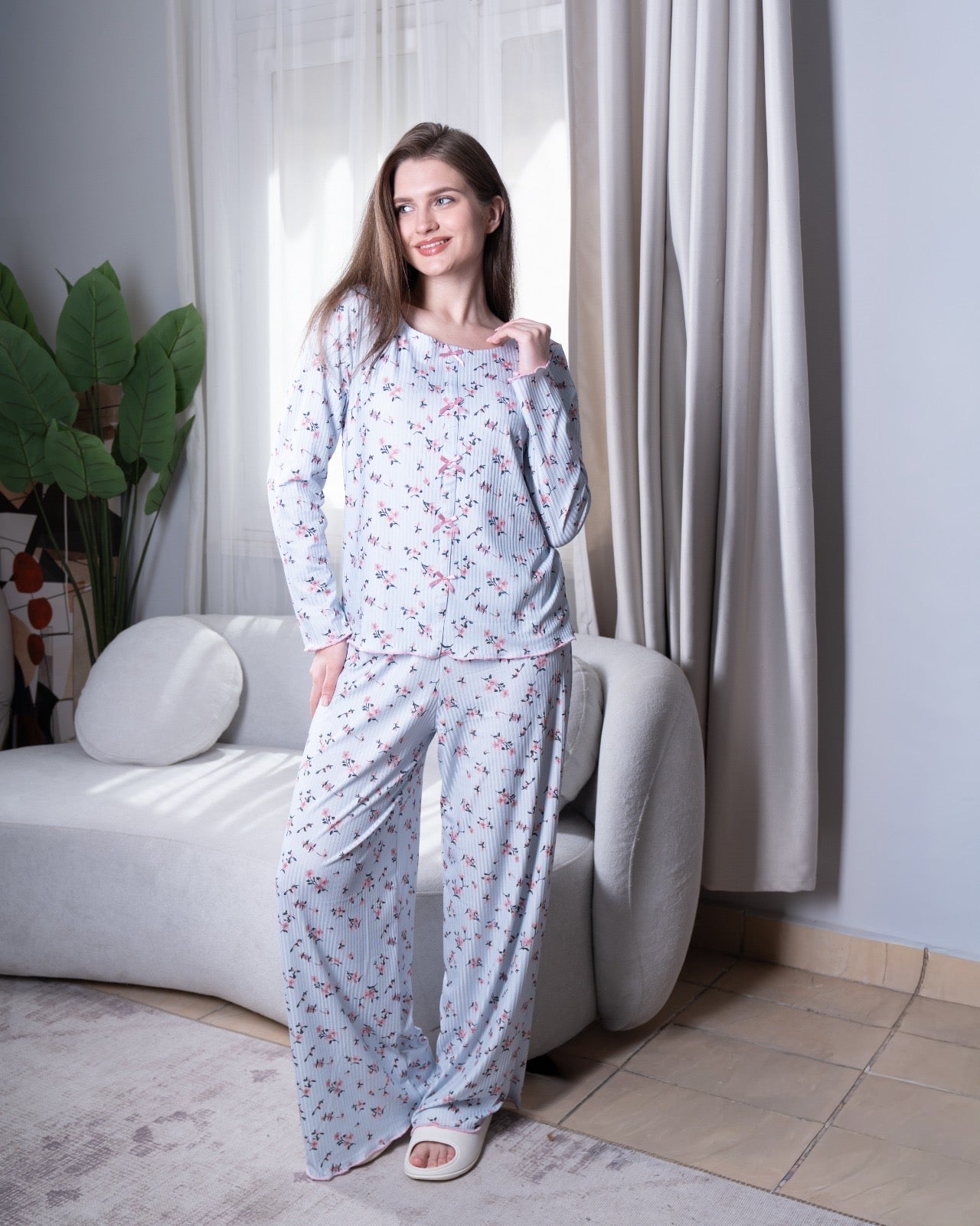 Ribbed Knot Front PJ LS Blue - Pink floral