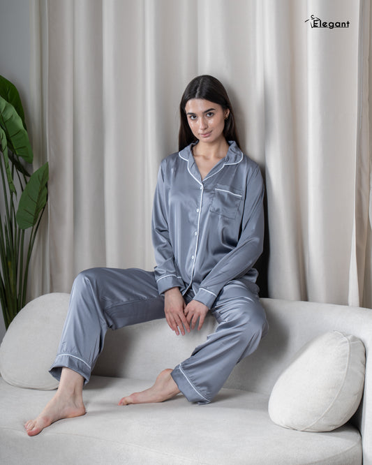 Satin Long sleeves Classic PJ Pants - Silver