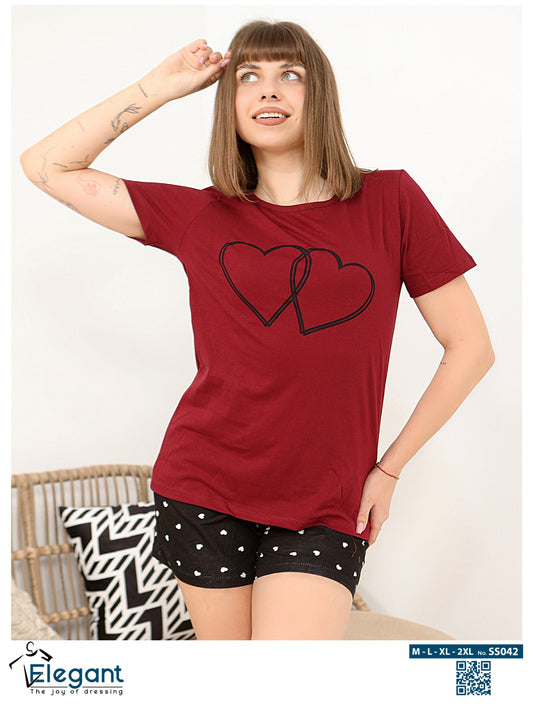 PJ short Cotton Burgundy - Couple hearts