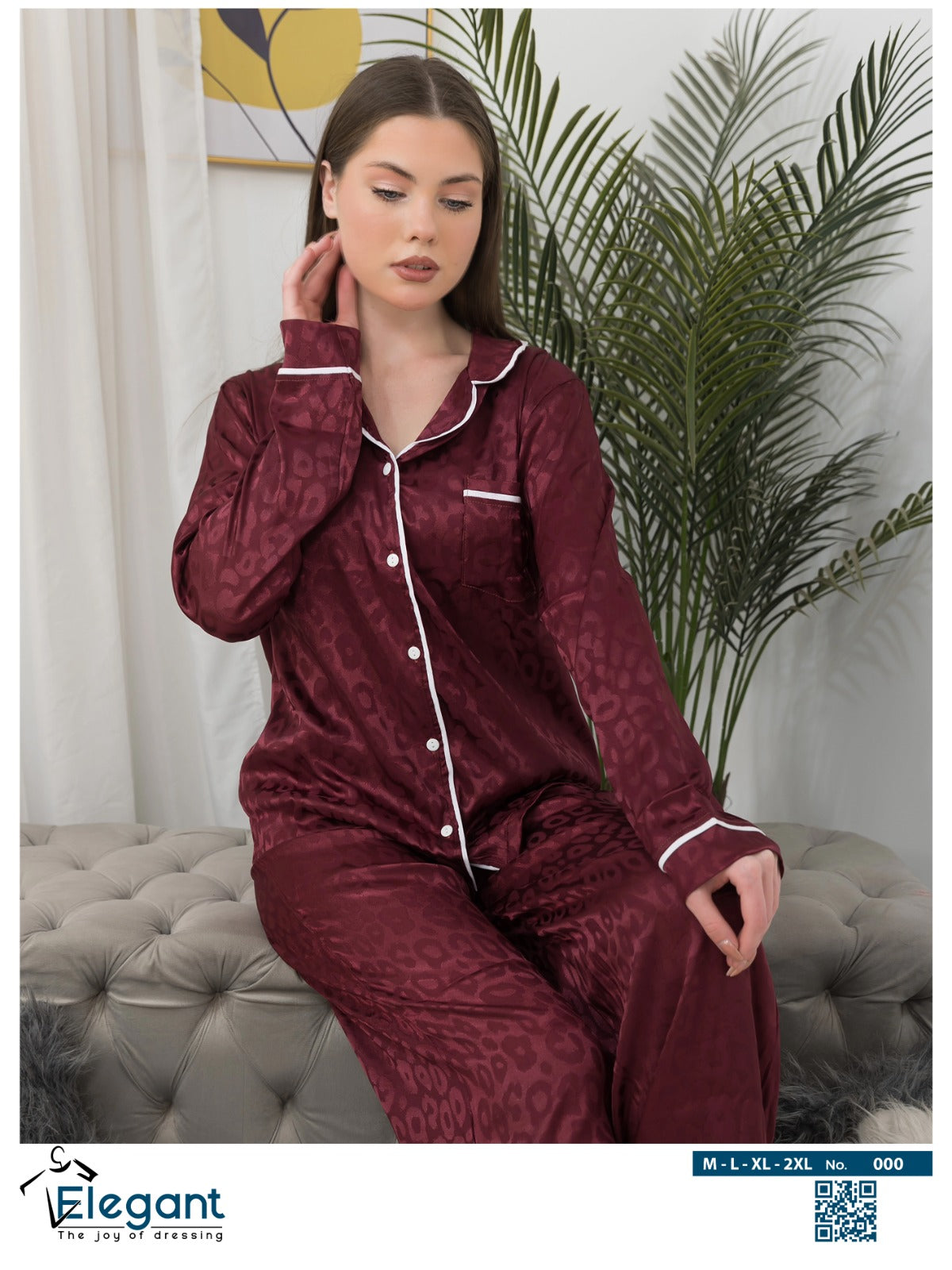 Satin Long sleeves Classic PJ Pants - Jacquard Burgundy